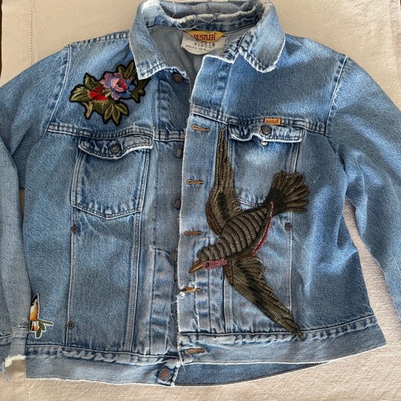 Embroidered Denim Jacket with Bird and Floral Design - Picture 1 of 9